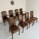 Set of 8 wooden and thick leather armchairs, Girsberger design, 80s