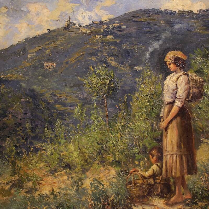 Italian landscape with figure painting signed and dated 1914