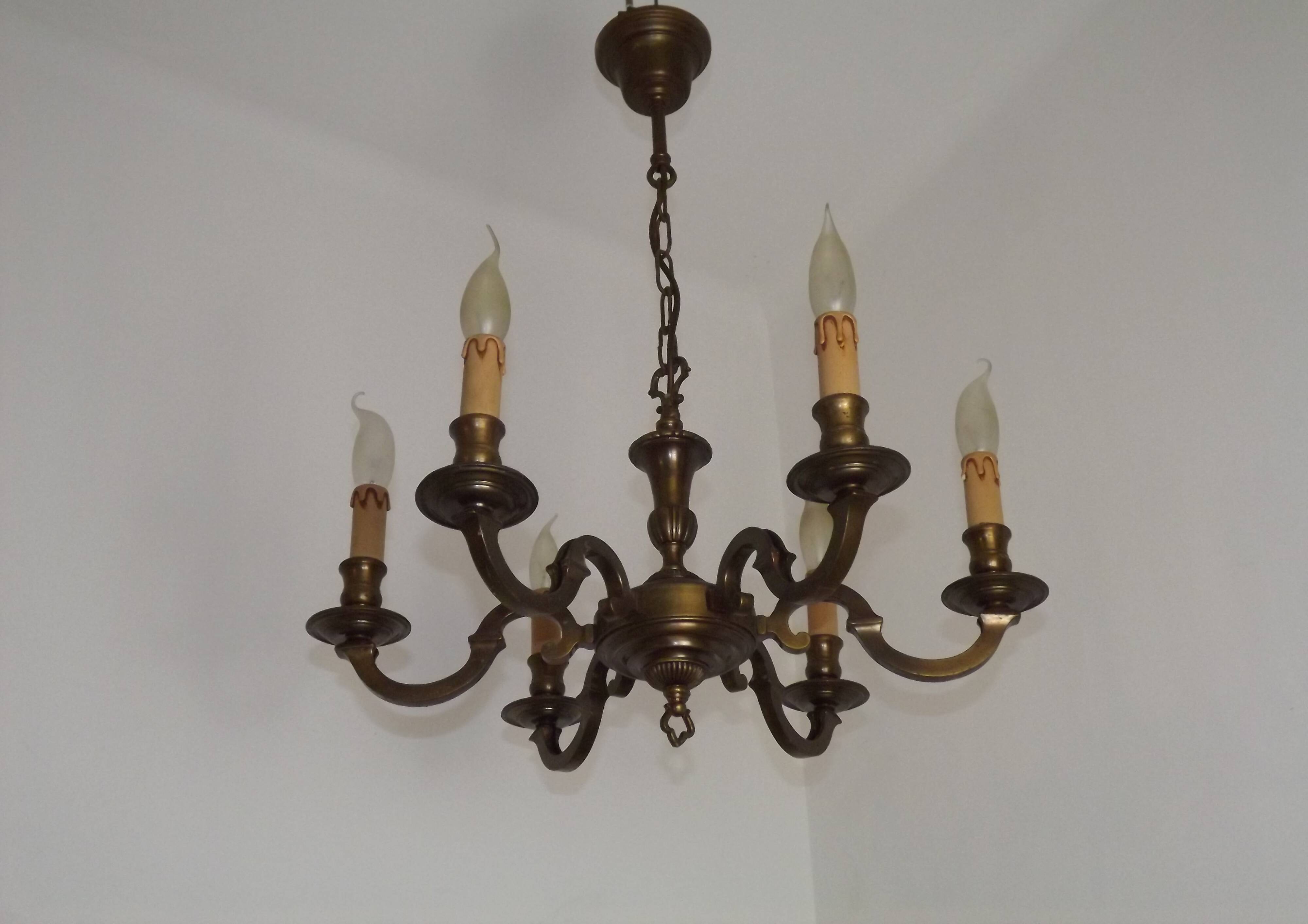 French Mid Century Brass & Copper 6 Light Traditional Style Chandelier 5571