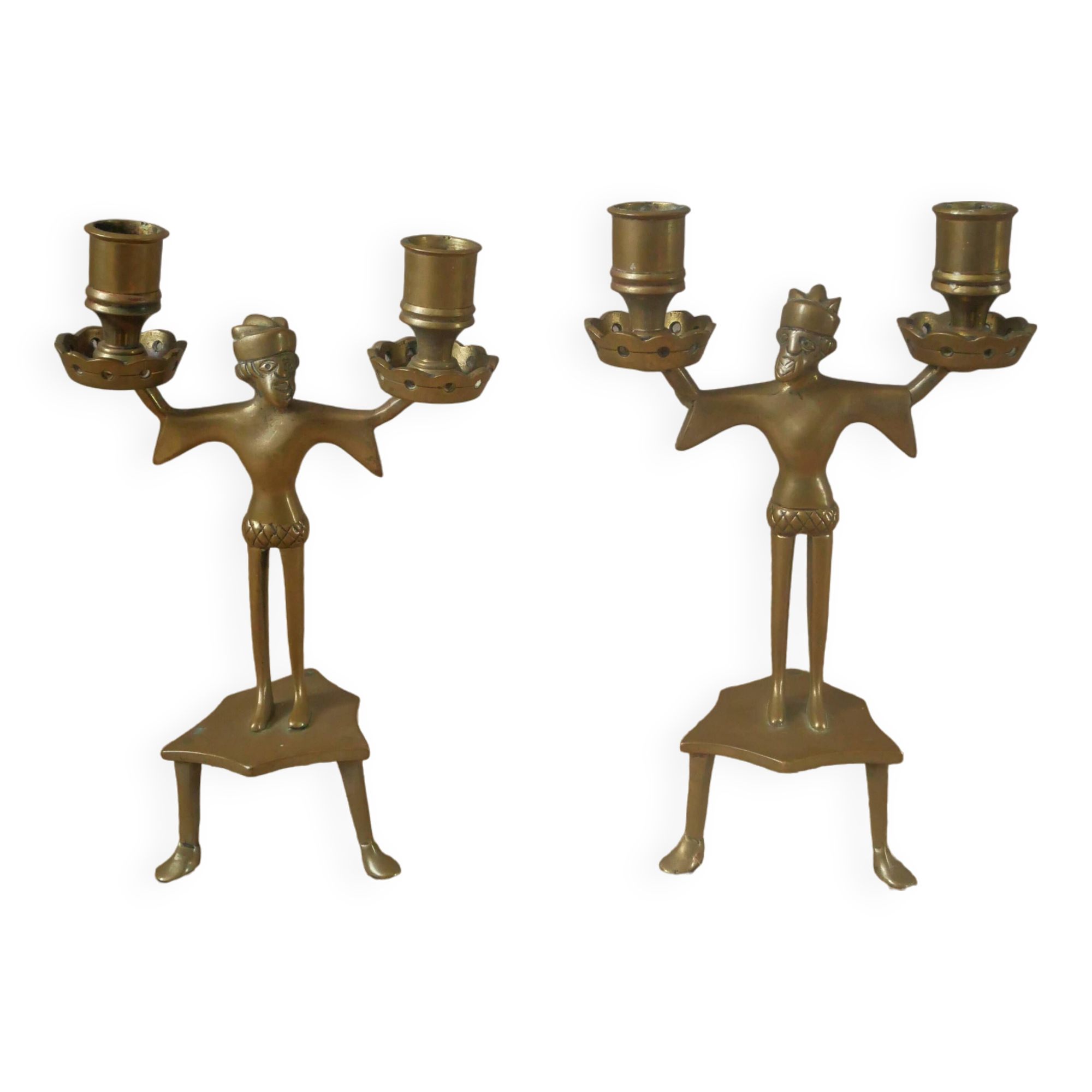 Pair of candlesticks candelabra candle holders brass African art man handcrafted ethnic decoration