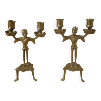 Paire de chandeliers candélabres bougeoirs laiton art africain homme décoration ethnique artisanale
