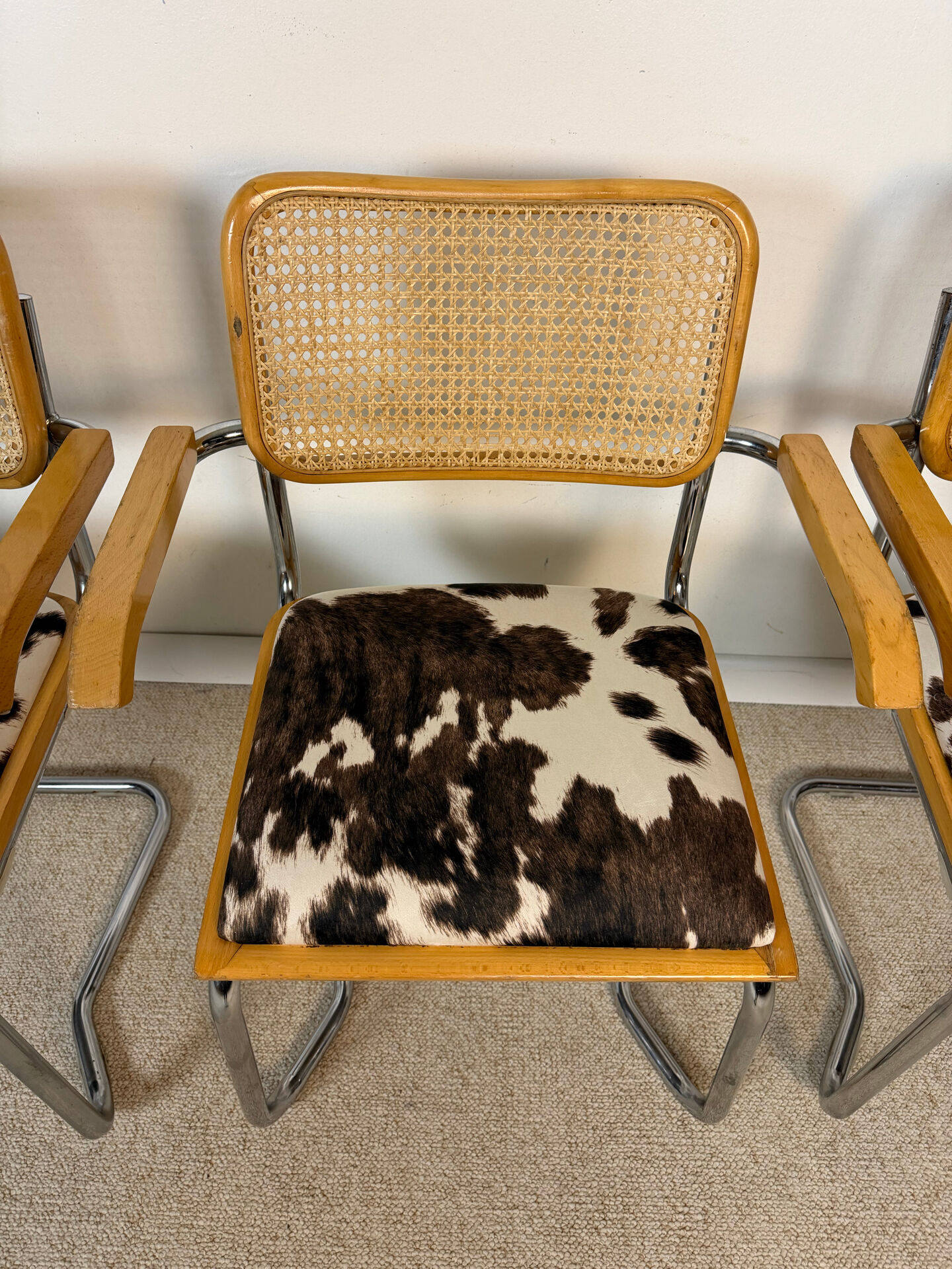 4 fauteuils cannés chrome et bois années 70