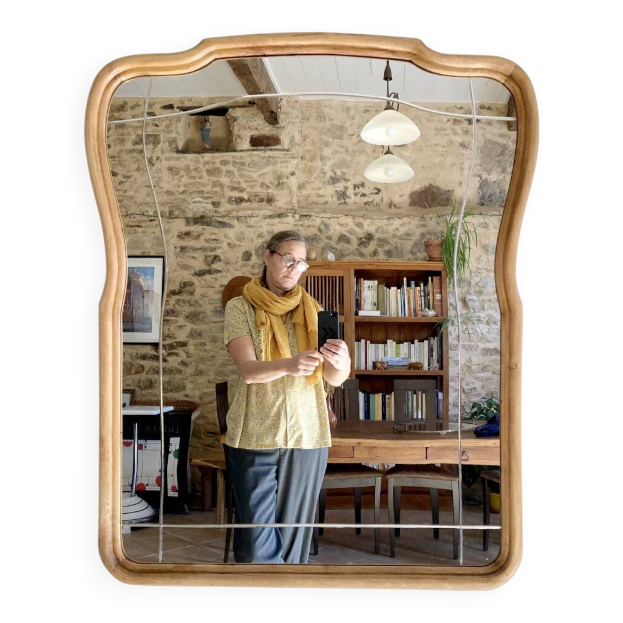 Art nouveau mirror, curved wooden frame and chiseled glass