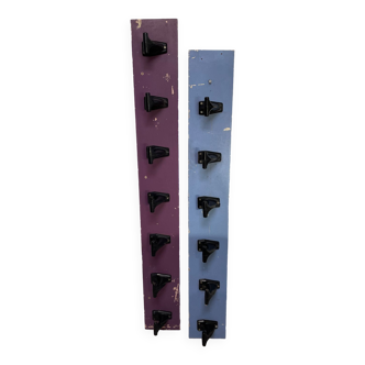 Set of two blue and purple wooden coat racks
