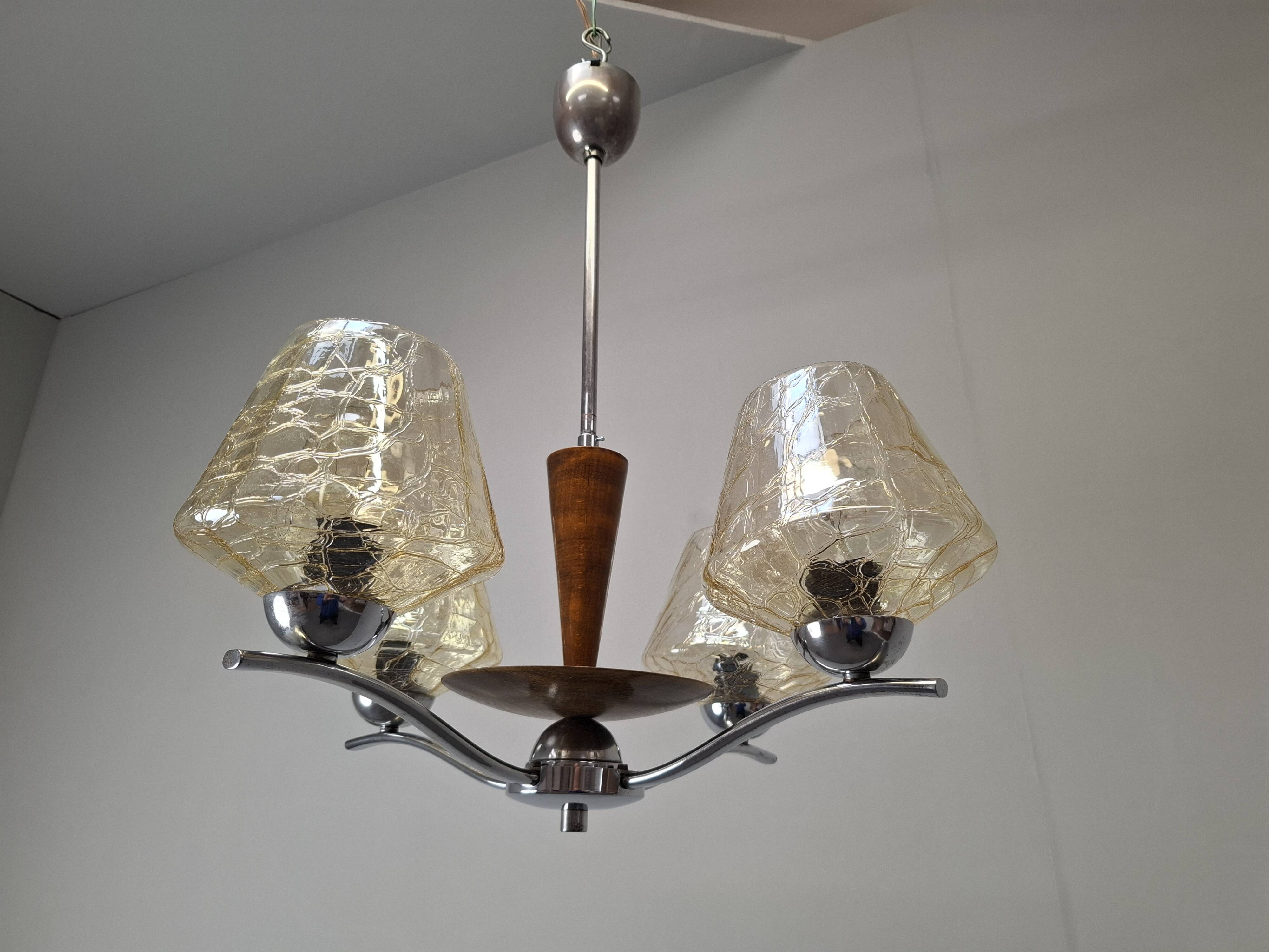 1960s Napako Mid-Century Modern Czech Four-Arm Glass Wood Chrome Chandelier