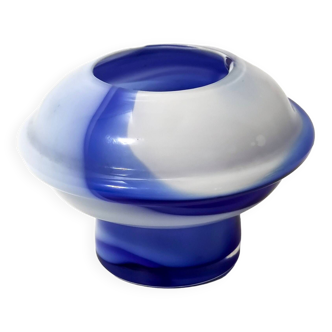 Postmodern White and Blue Casing Murano Glass Vase "Wave" by Carlo Moretti, Italy