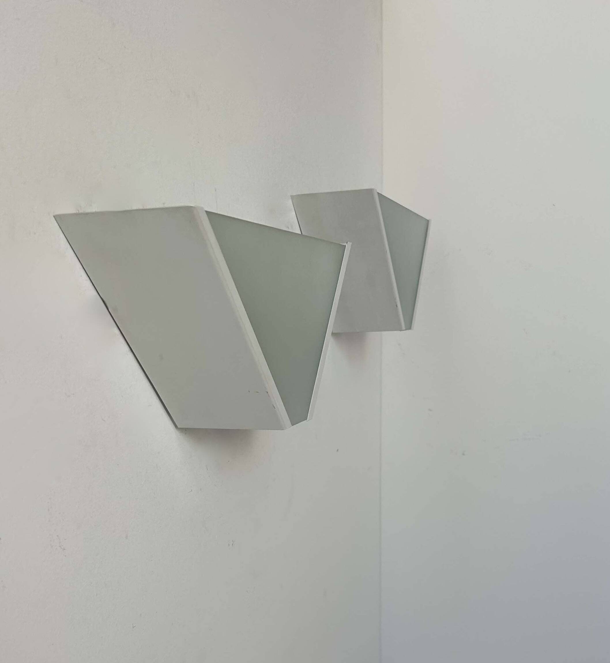 Pair of vintage geometric wall lights, sandblasted glass and white metal, Italy 1970