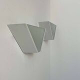 Pair of vintage geometric wall lights, sandblasted glass and white metal, Italy 1970