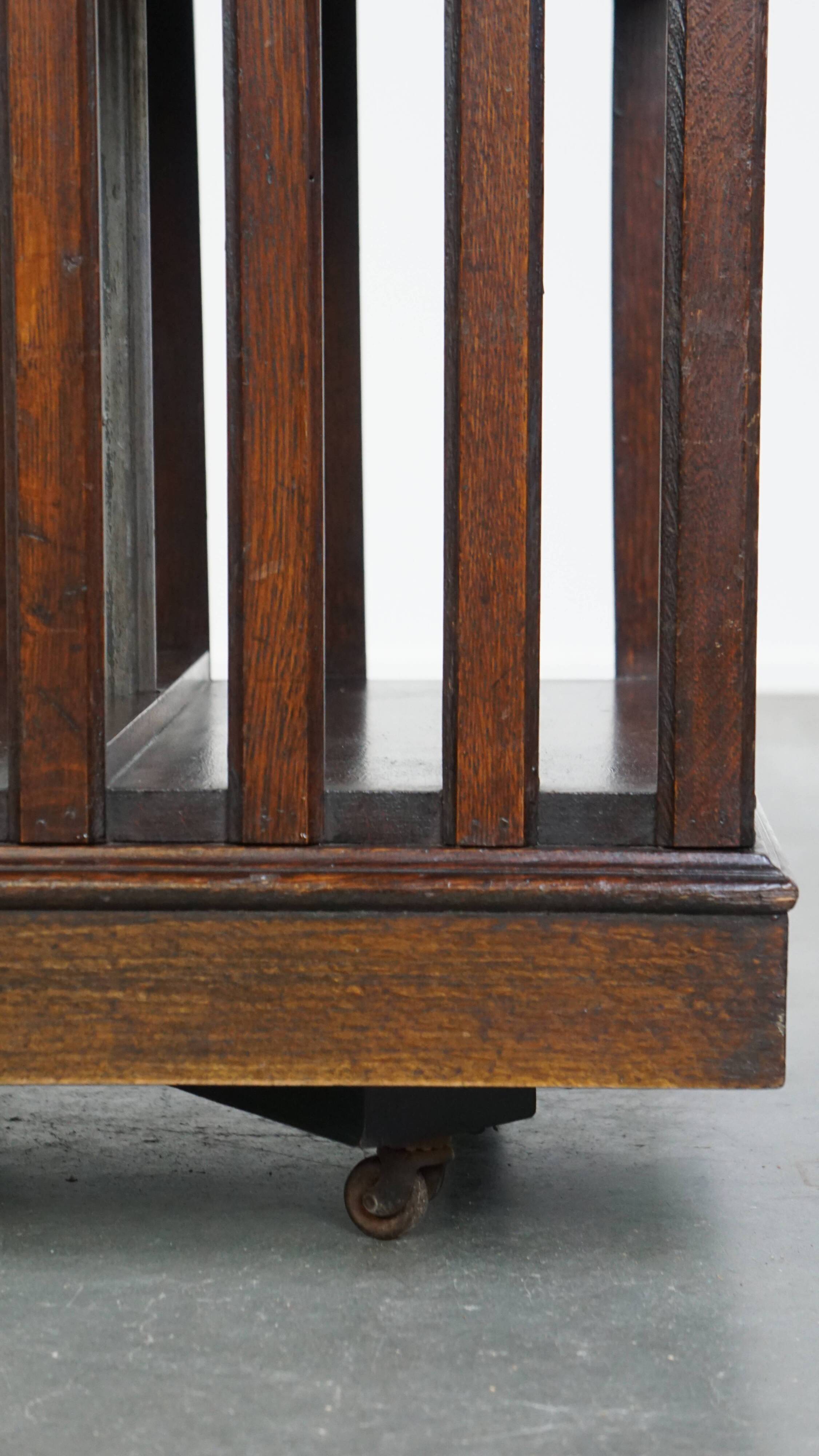 Large Antique English Oak Book Carousel on Original Wheels