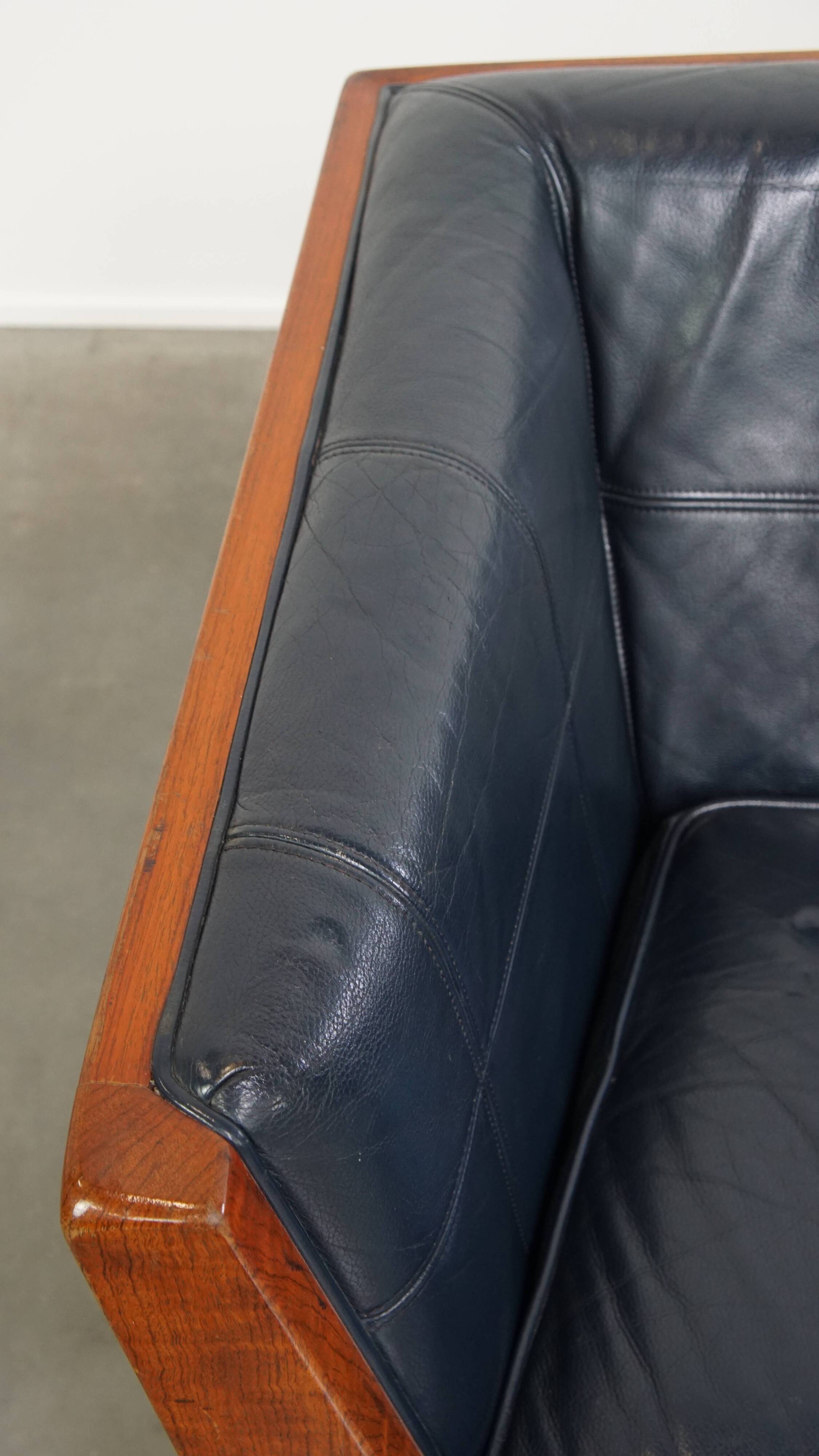 2.5-Seater Art Deco Sofa with Woodwork and Dark Blue Cowhide Leather