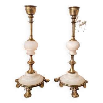 Pair of brass and alabaster candlesticks, late 19th century