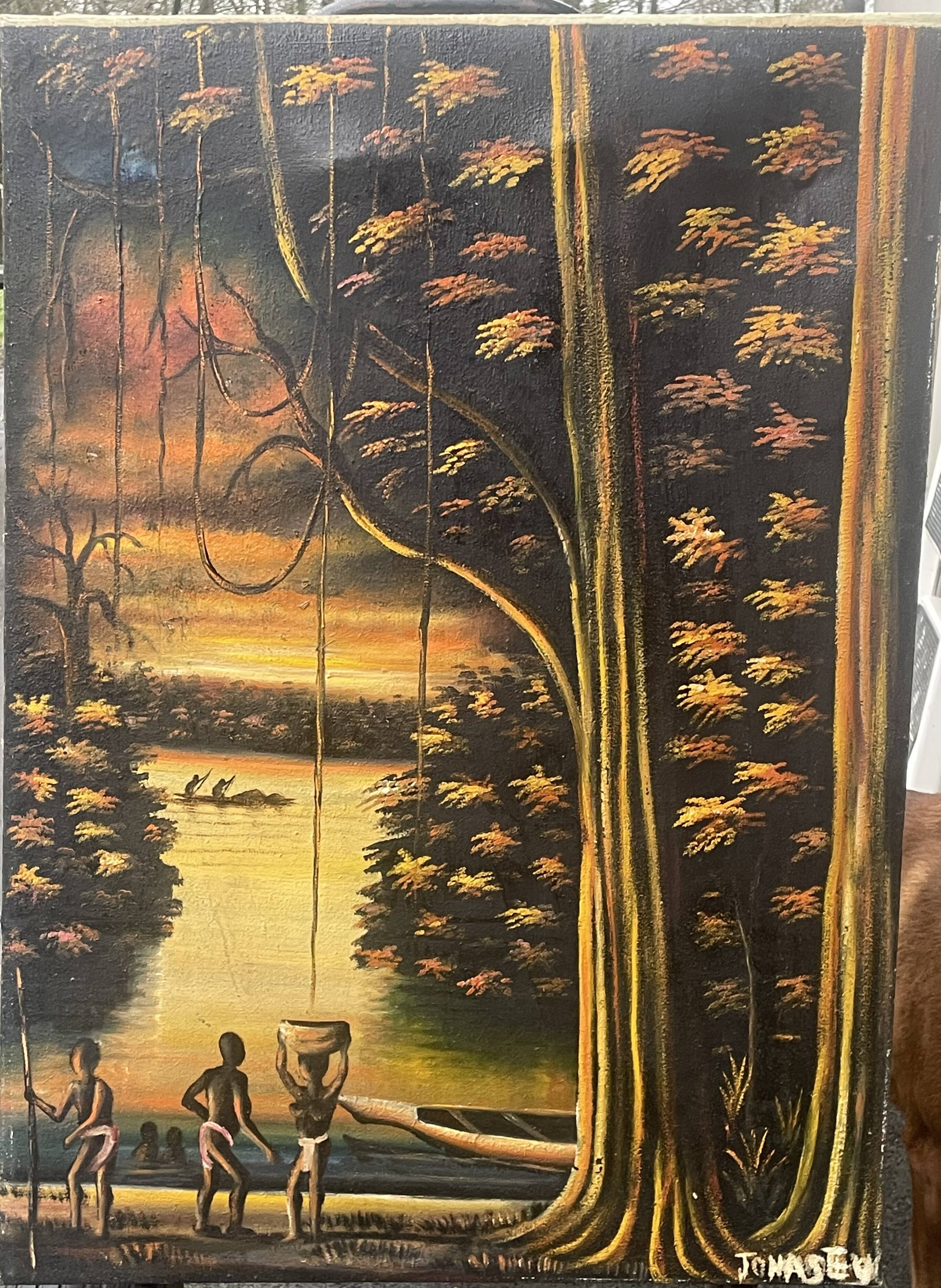 Old african canvas under lively woods in tropical and lush forest signed to identify