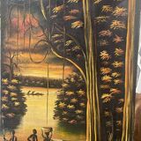 Old african canvas under lively woods in tropical and lush forest signed to identify