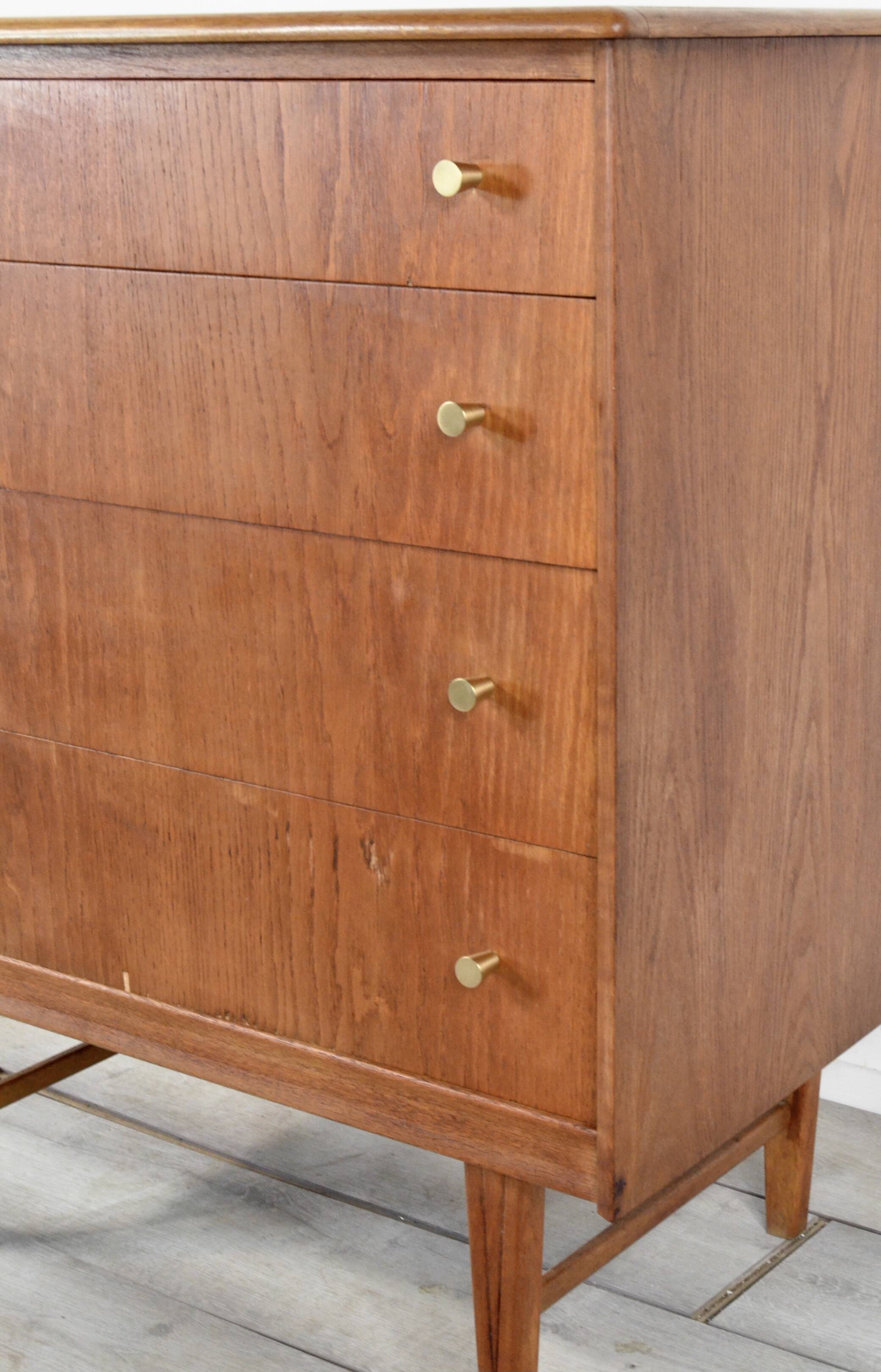 Midcentury Teak And Brass Chest Of Drawers Tallboy. Vintage Modern Retro