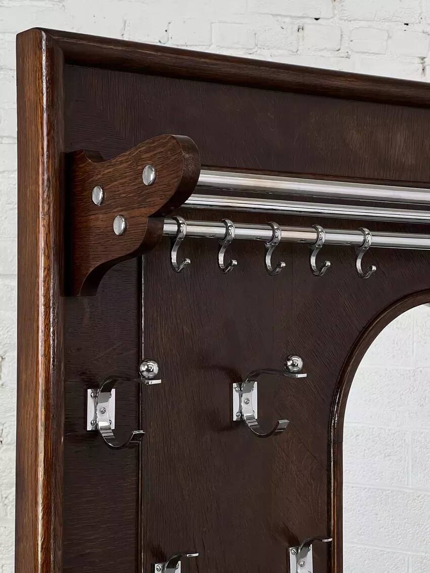 Art deco cloakroom coat rack in wood, mirror and chrome metal