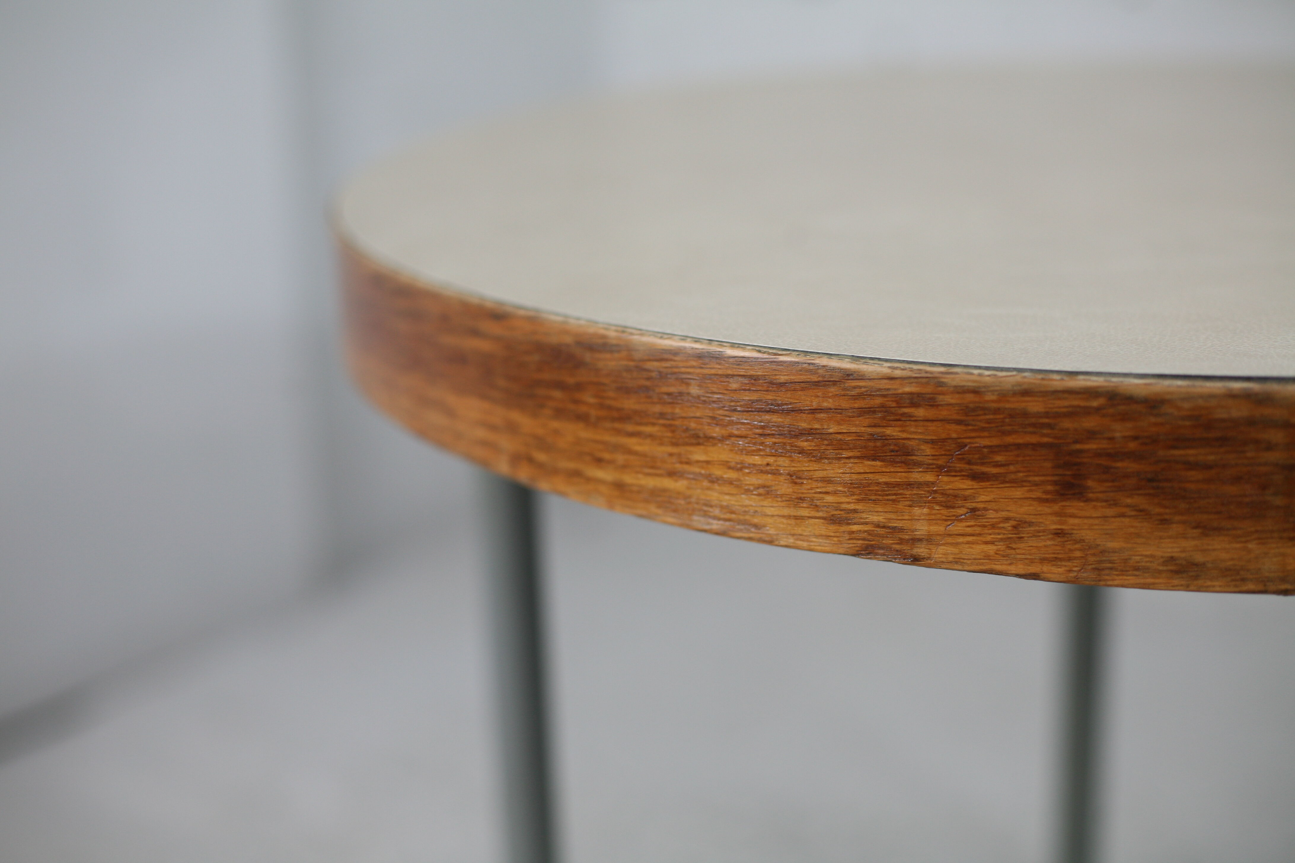 Side table tubular steel base, round top strapping wood, France, circa 1950