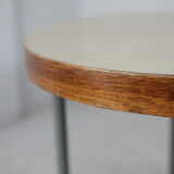 Side table tubular steel base, round top strapping wood, France, circa 1950