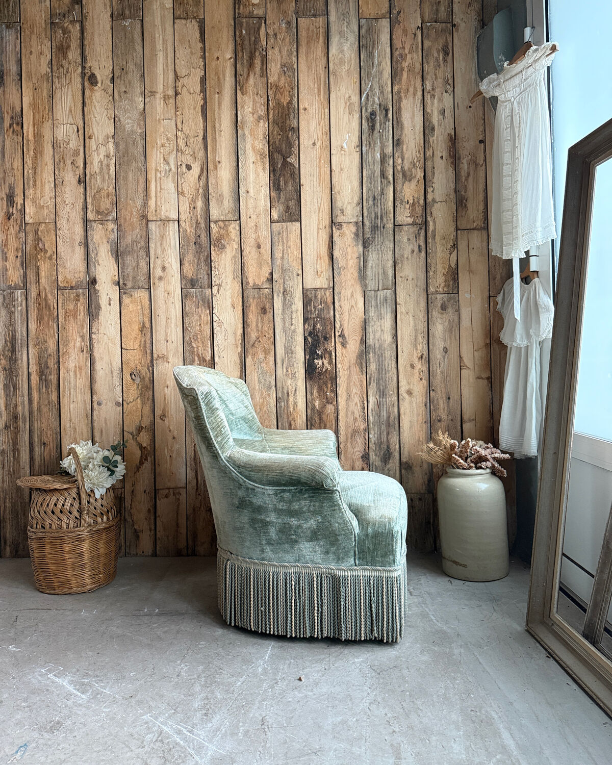 Green velvet tub chair
