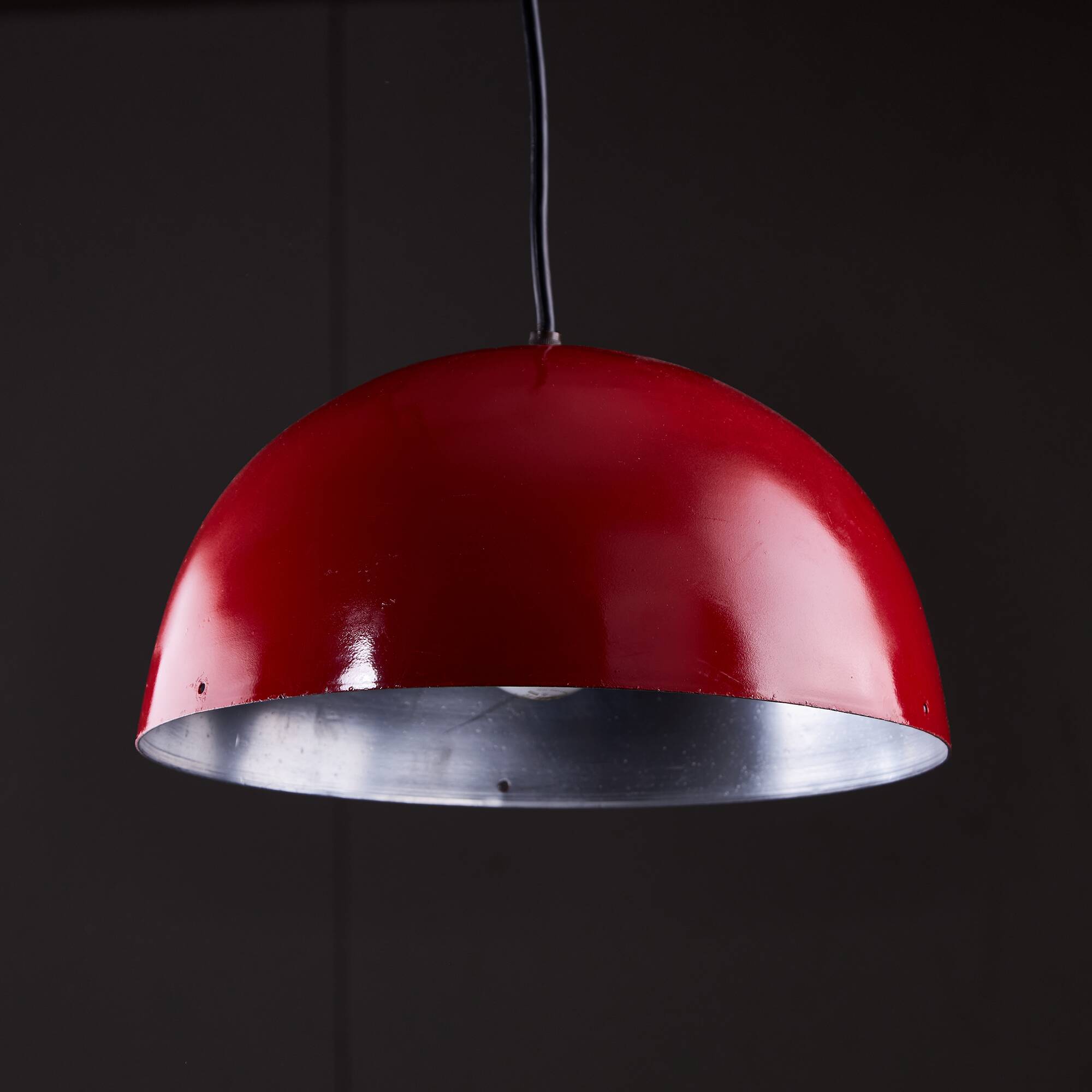 Italian, Hemispherical Red Aluminum Pendant with Round Holes on Top, 1970s