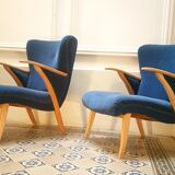 Pair of chairs Scandinavian wing stripes cocktail years 50 Blue
