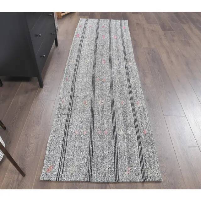 1970s Grey Natural Turkish Hand-Knotted Runner Rug 79x270