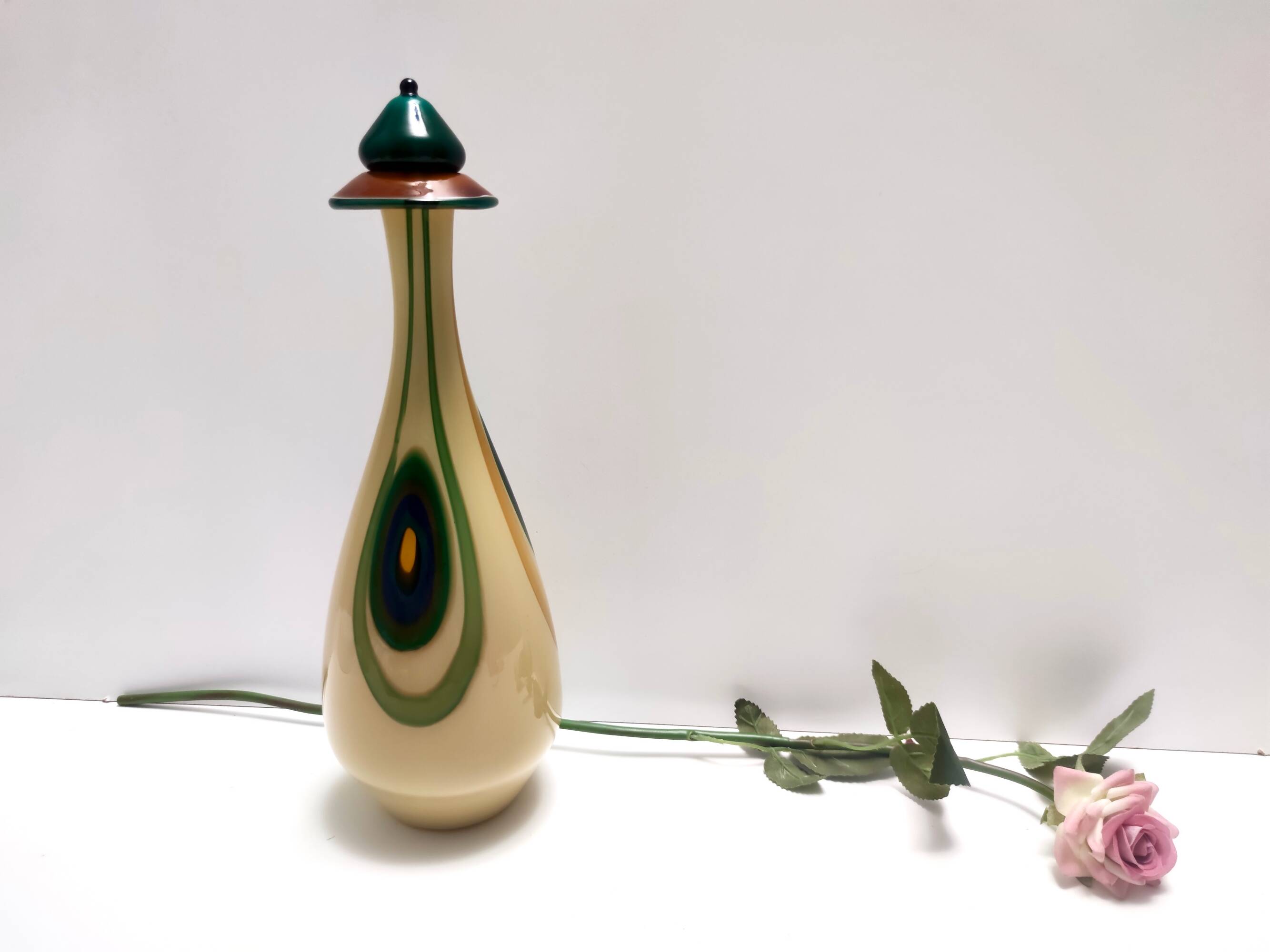 Beige Encased and Hand-blown Glass Decanter Bottle, Italy