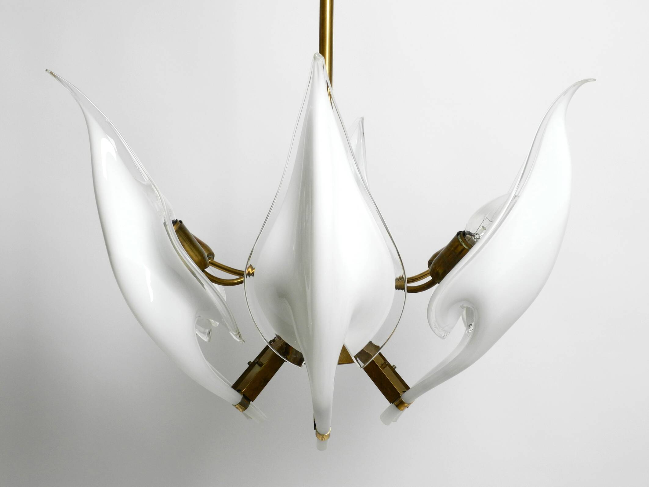 50s brass chandelier with white and transparent Murano glasses Franco Luce