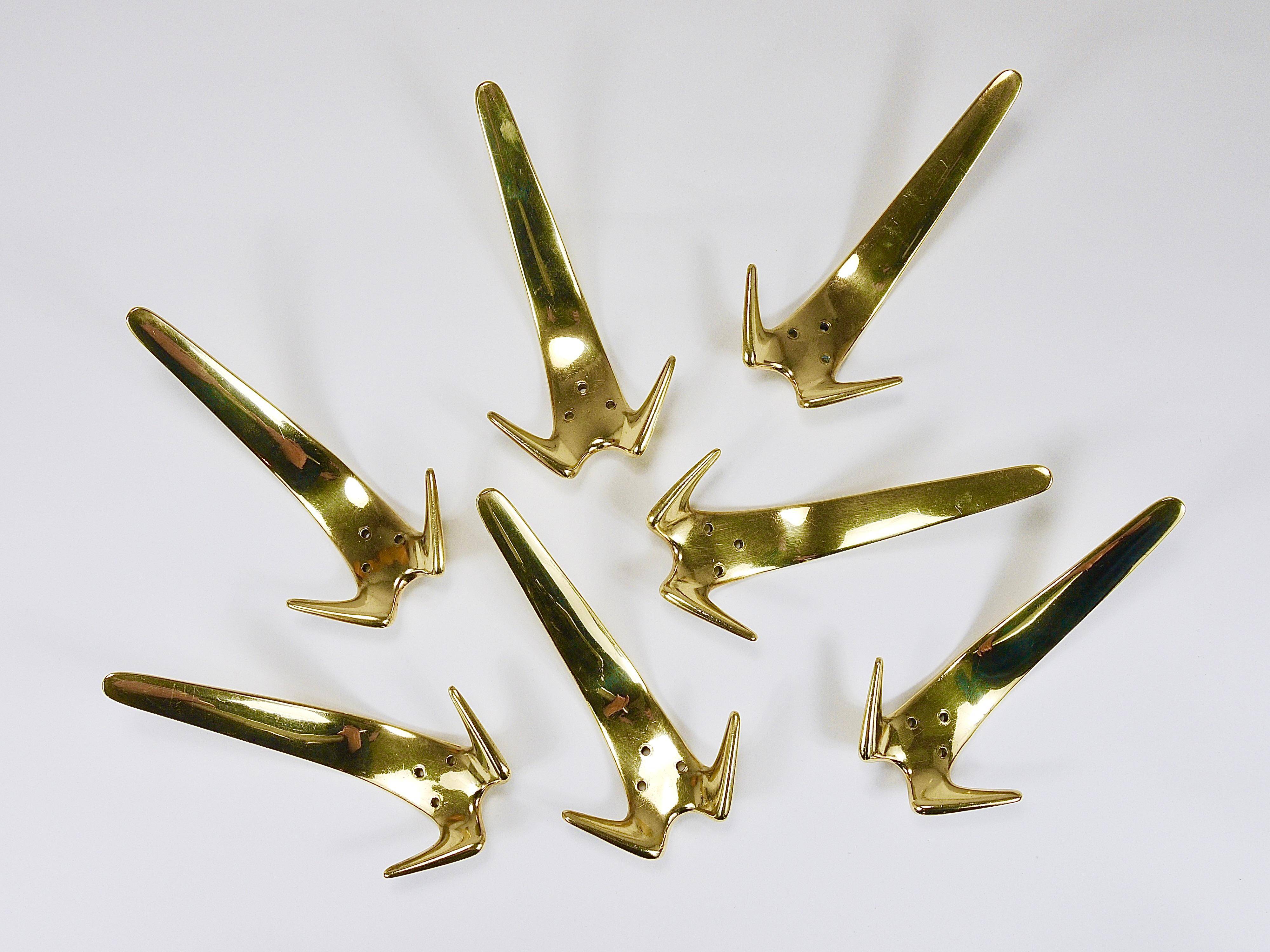 Up to 5 large vintage brass wall hooks by Carl Aubock #4056, Austria, 1950s.