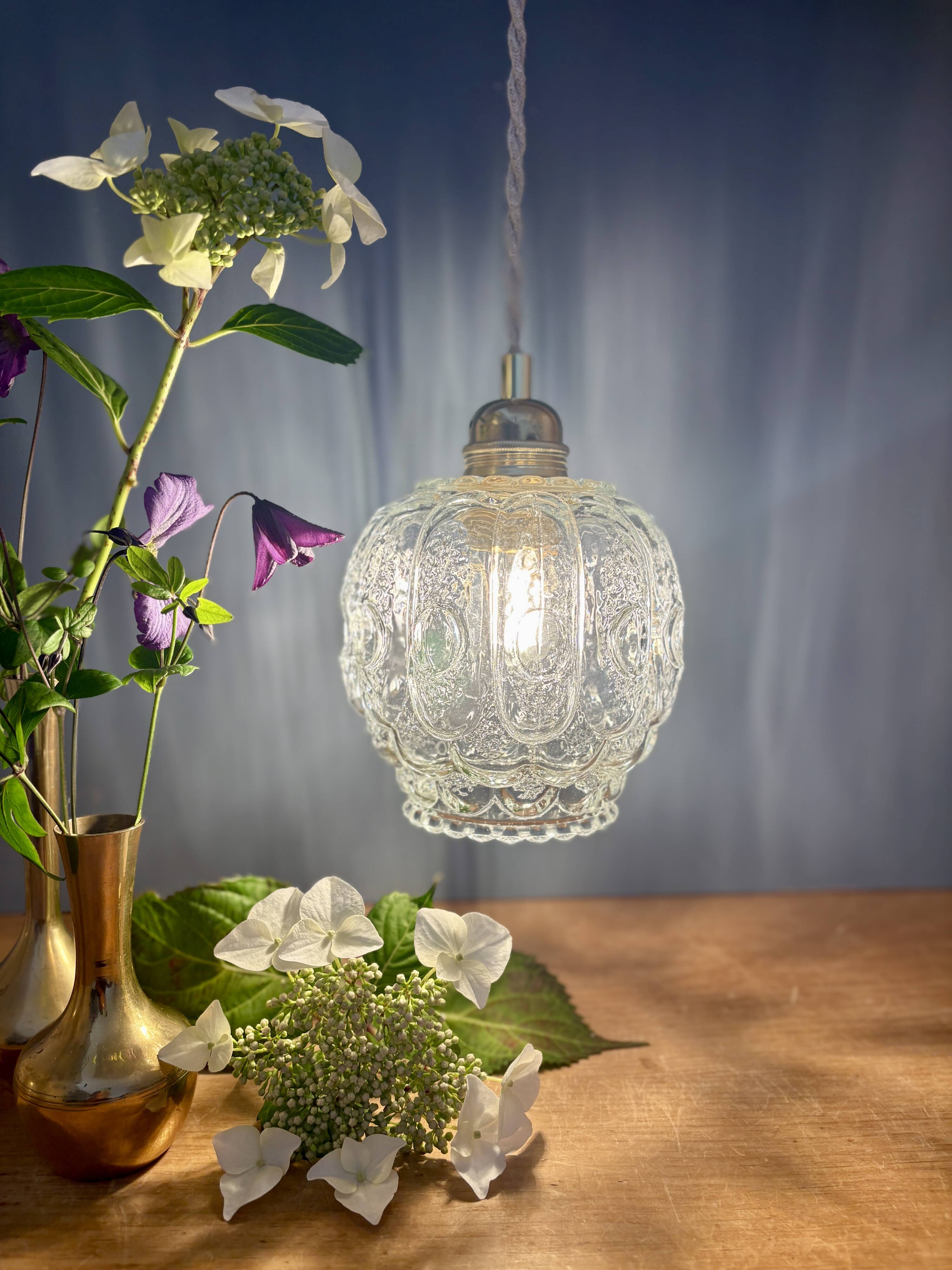 Vintage clear molded glass globe pendant light