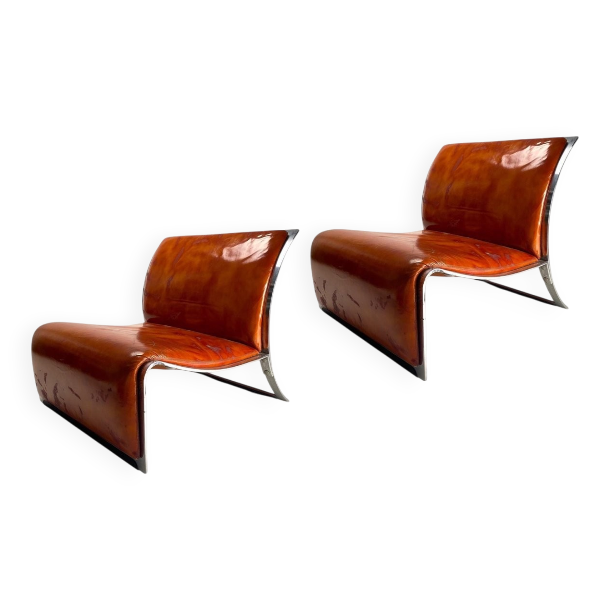 Set of Chromed Metal and Leather Armchairs by Vittorio Introini for Saporiti, 1965
