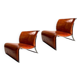 Set of Chromed Metal and Leather Armchairs by Vittorio Introini for Saporiti, 1965