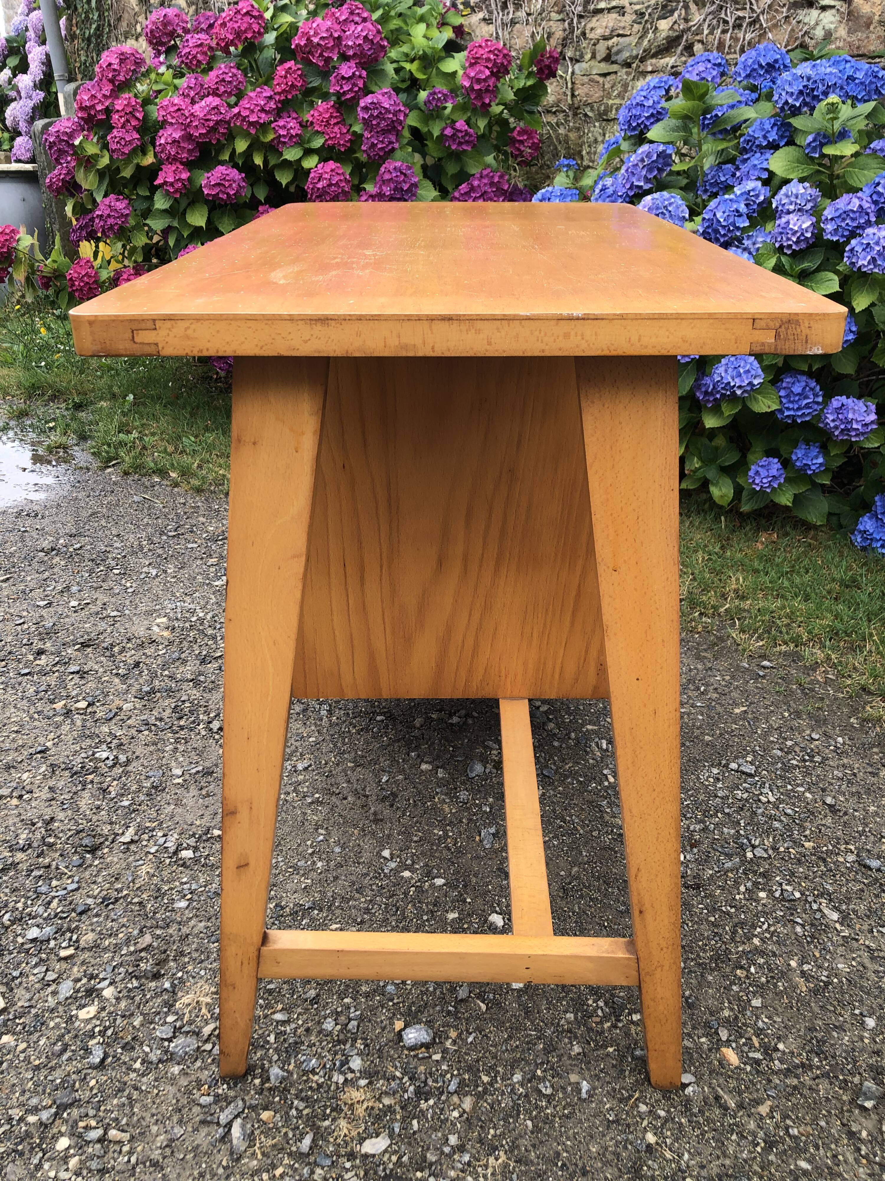 Vintage desk with beech compass legs with 3 drawers.