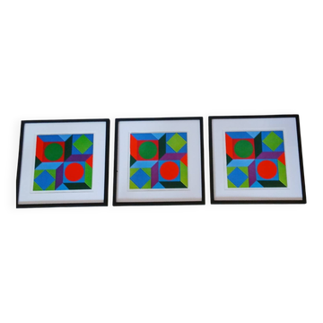 Optical Art Triptych - Victor Vasarely - 3 Frames 40x40cm
