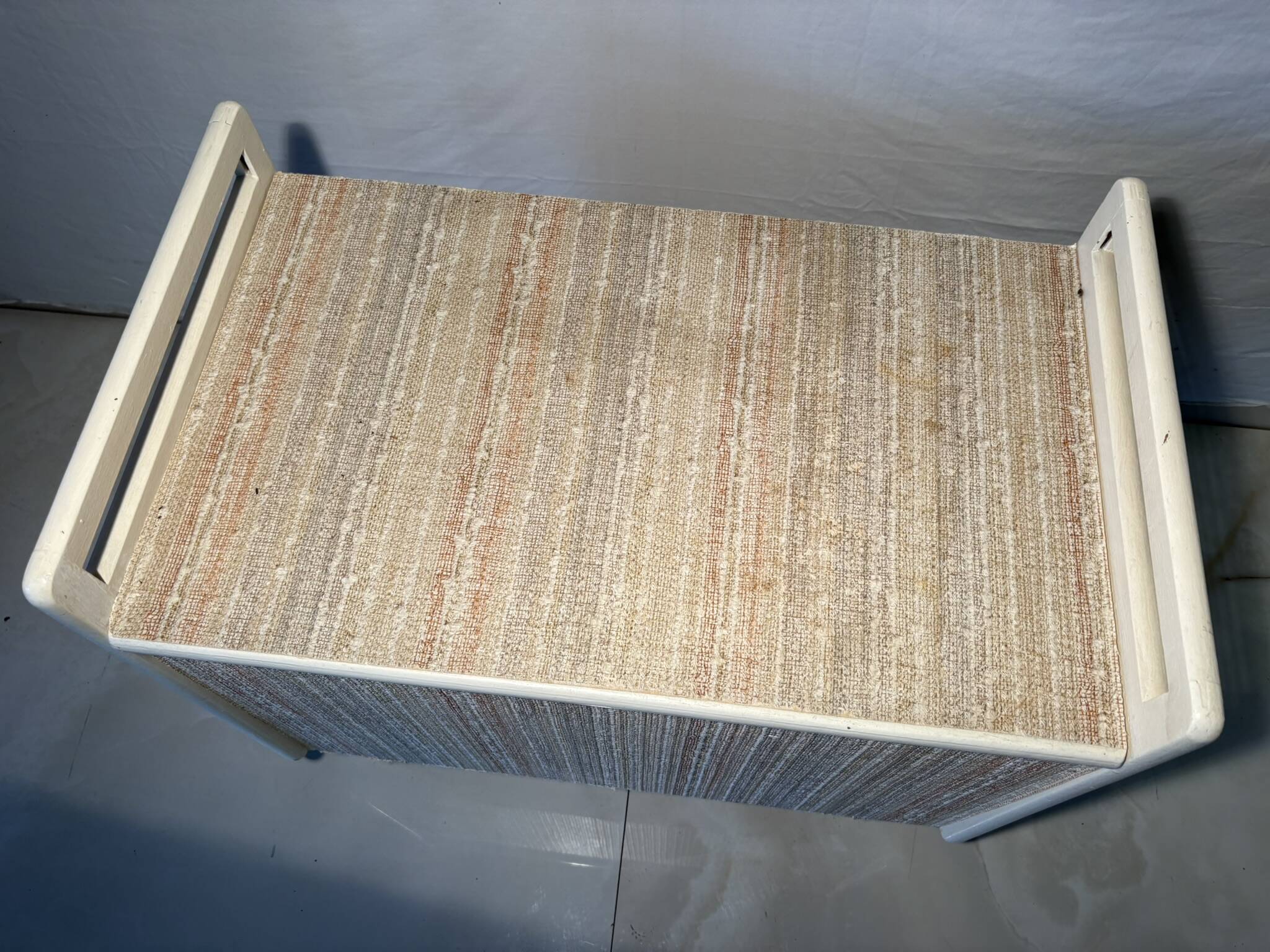 Vintage upholstered chest, white lacquered wooden structure, 1960s-70s