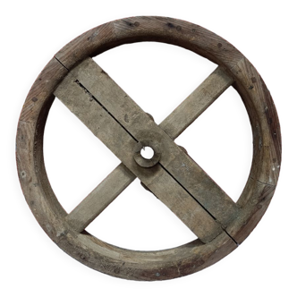 Antique wooden wheel, industrial wooden pulley