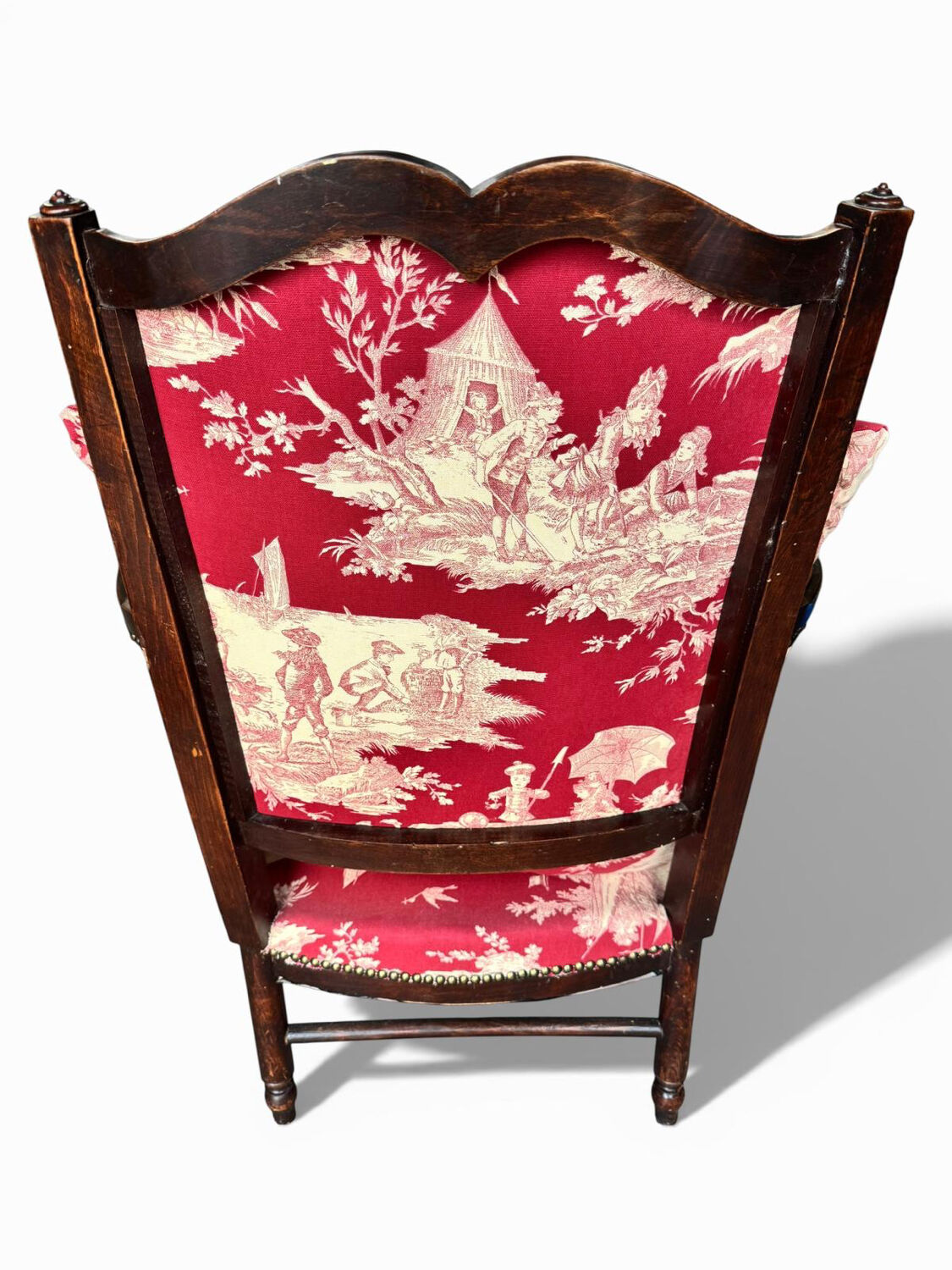 Antique armchair from around 1900, solid wood – red toile de Jouy.