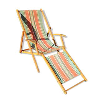 Ancien bain de soleil transat en bois & tissu bayadère