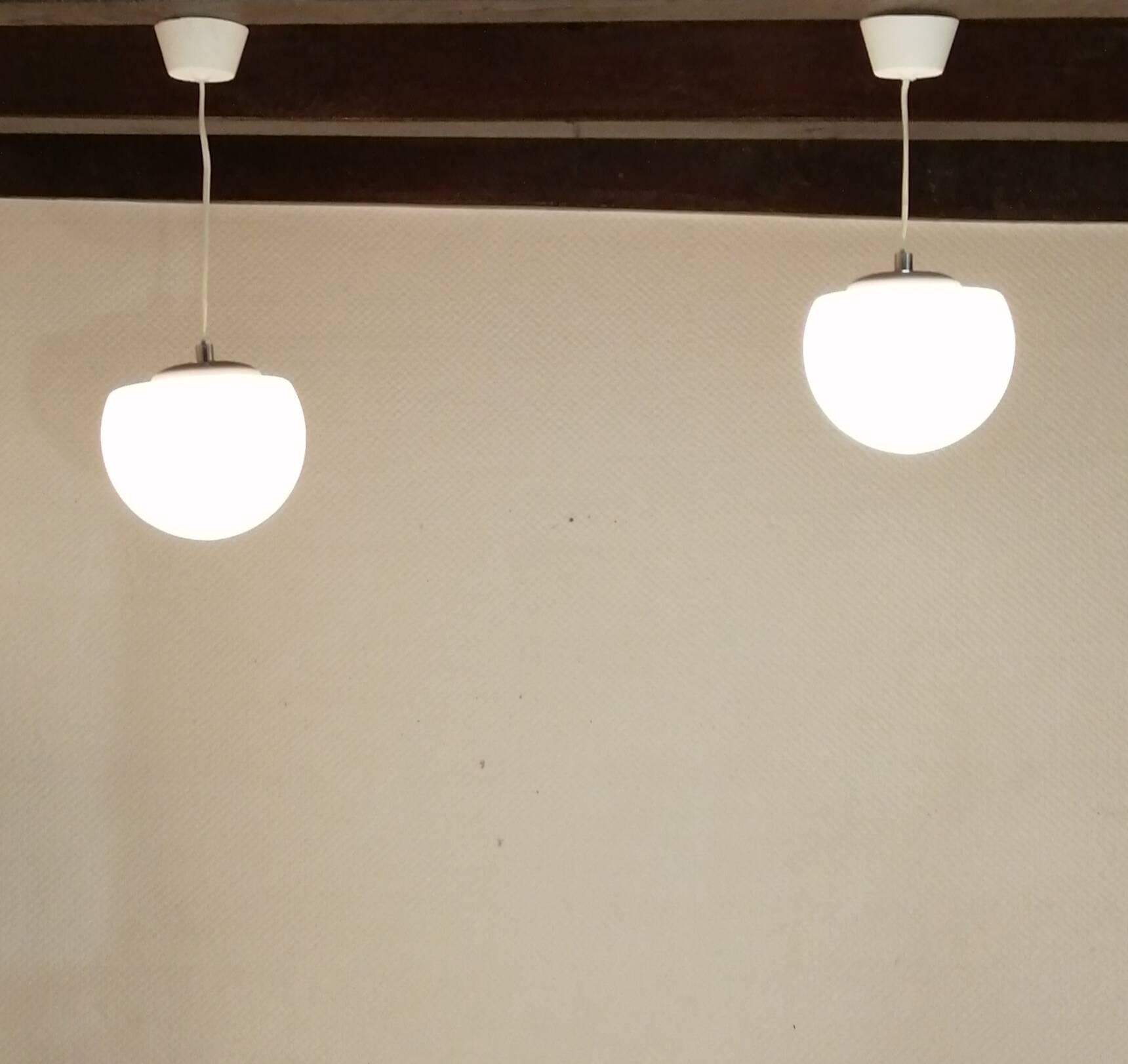 Set of 2 space age ''half sphere'' pendant lights in opaline vintage 1960