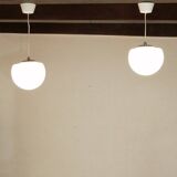 Set of 2 space age ''half sphere'' pendant lights in opaline vintage 1960