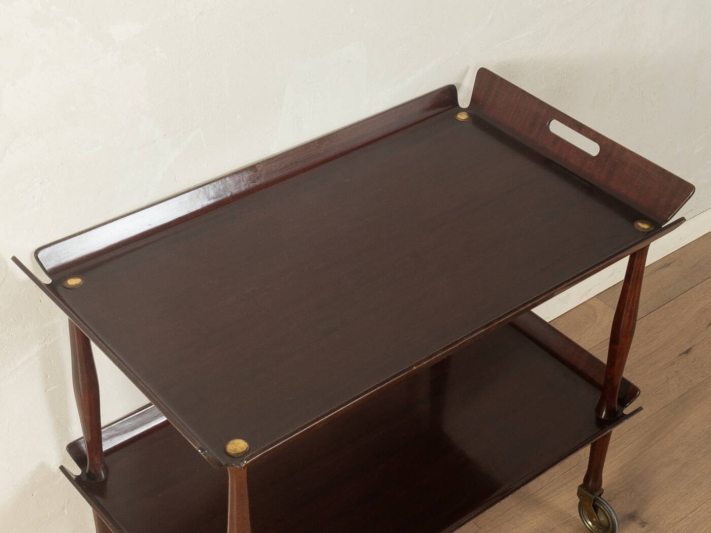 Classic serving trolley from the 1960s, solid Macoré frame with two Macoré veneer shelves and brass castors