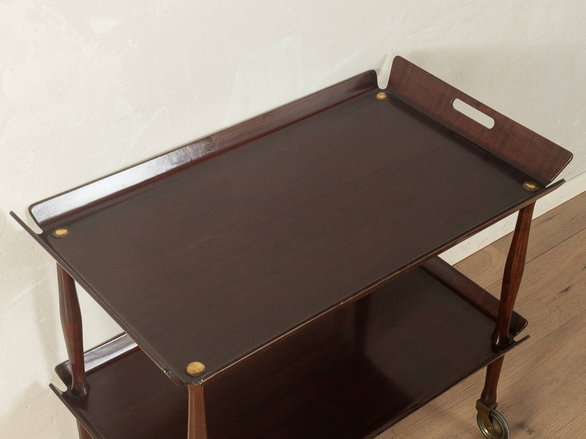 Classic serving trolley from the 1960s, solid Macoré frame with two Macoré veneer shelves and brass castors