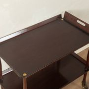 Classic serving trolley from the 1960s, solid Macoré frame with two Macoré veneer shelves and brass castors
