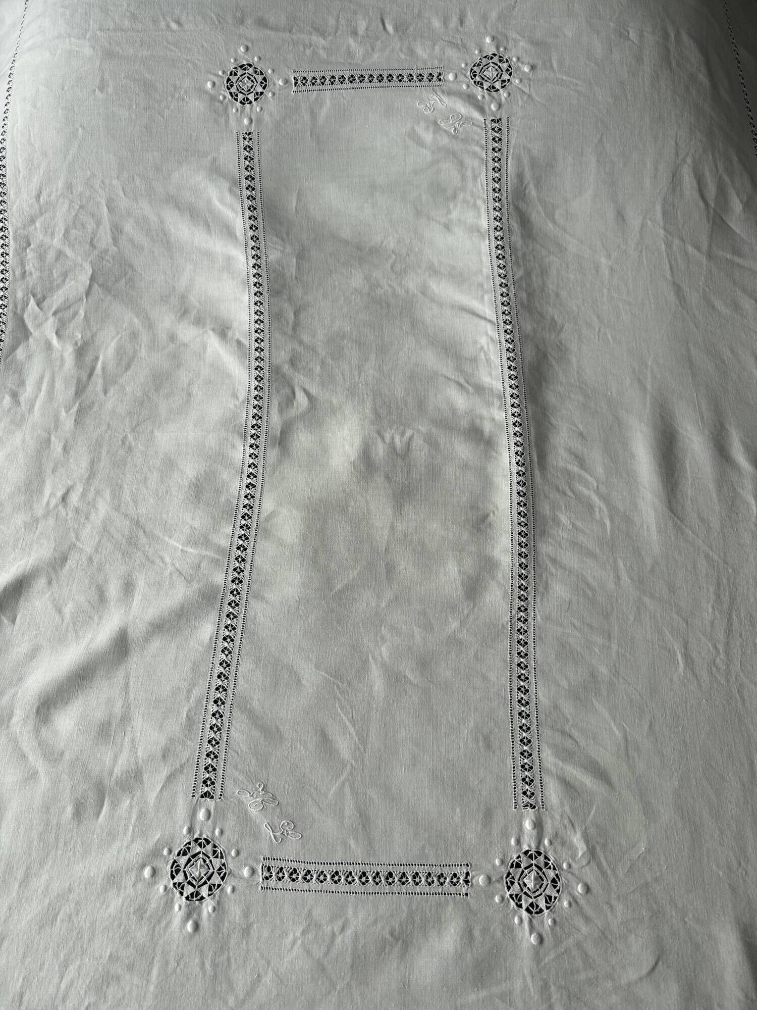 Large antique linen and cotton tablecloth 230x154.