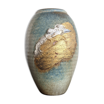 Vintage vase in ceramic glazed stoneware light blue and gold