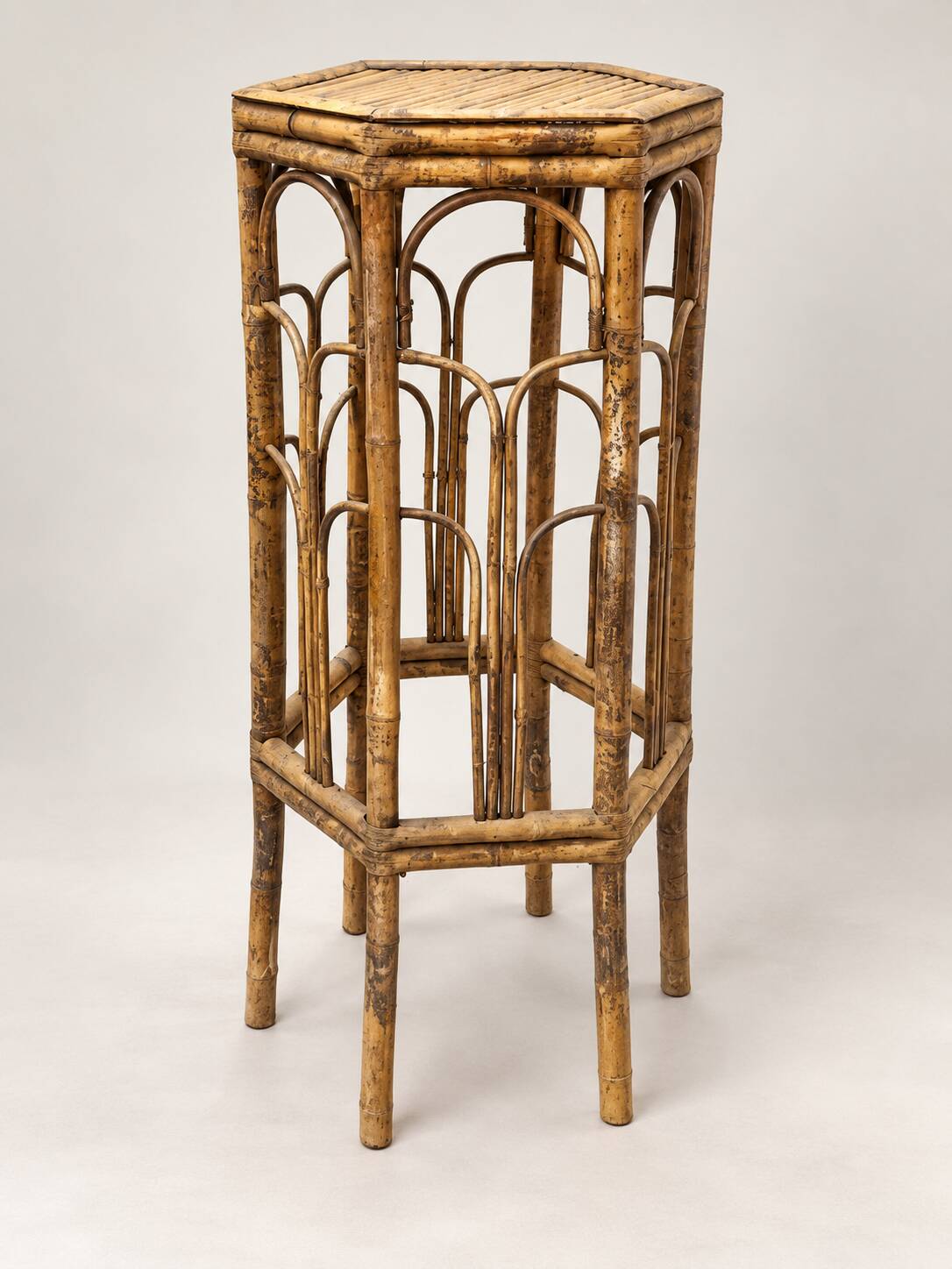 Antique bamboo and rattan stool – hexagonal shape