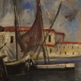 Peinture italienne signée vue sur le port avec des bateaux du 20ème siècle
