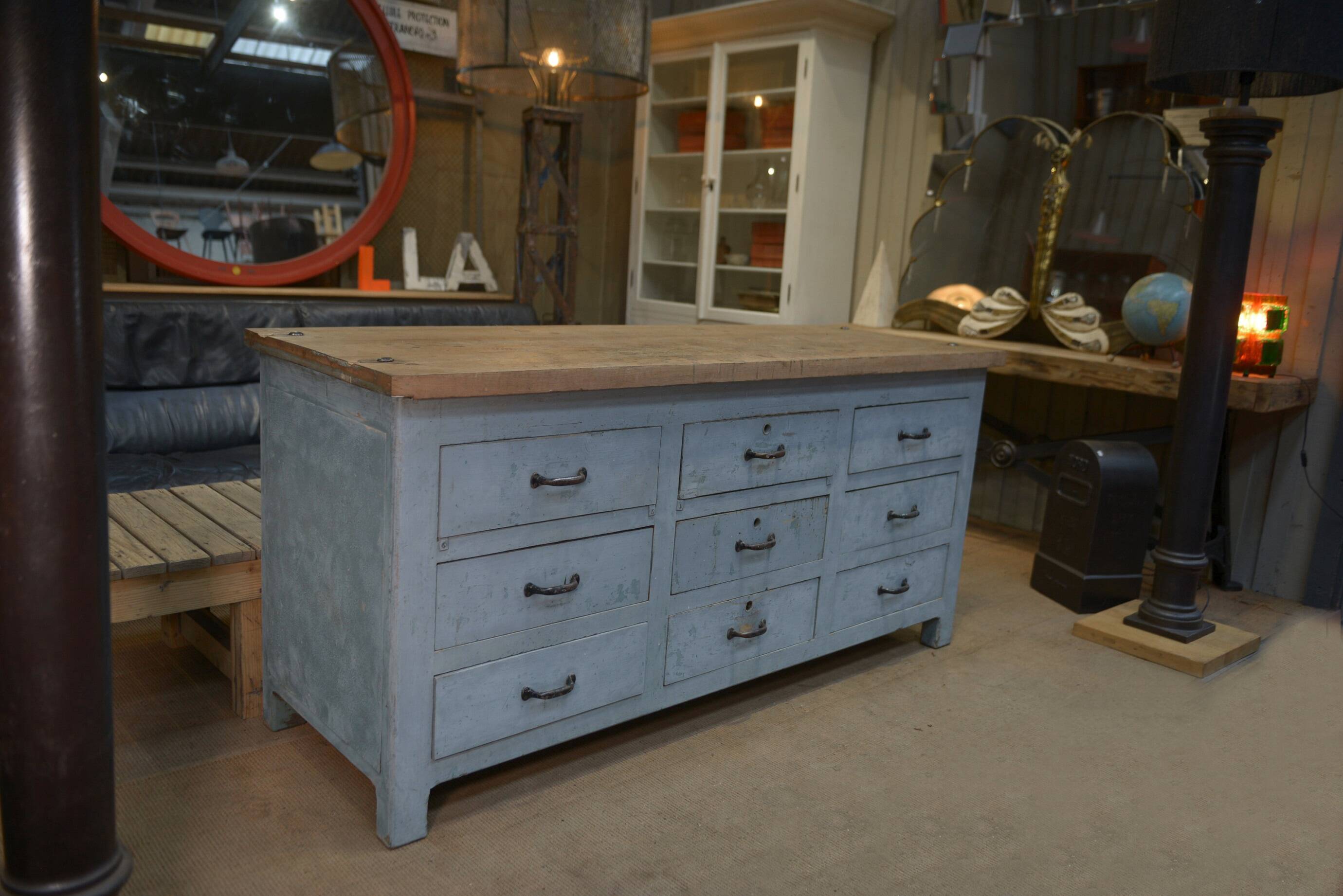 Original 1950s gray patinated 9-drawer craft cabinet