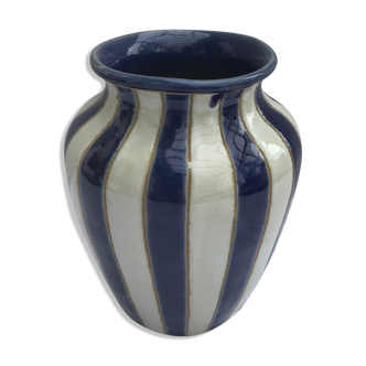 Vase en grès émaillé bleu & blanc signé d