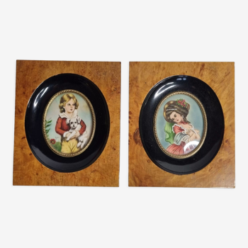 Pair of miniatures of the nineteenth century signed Jane after Fragonard