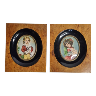 Pair of miniatures of the nineteenth century signed Jane after Fragonard